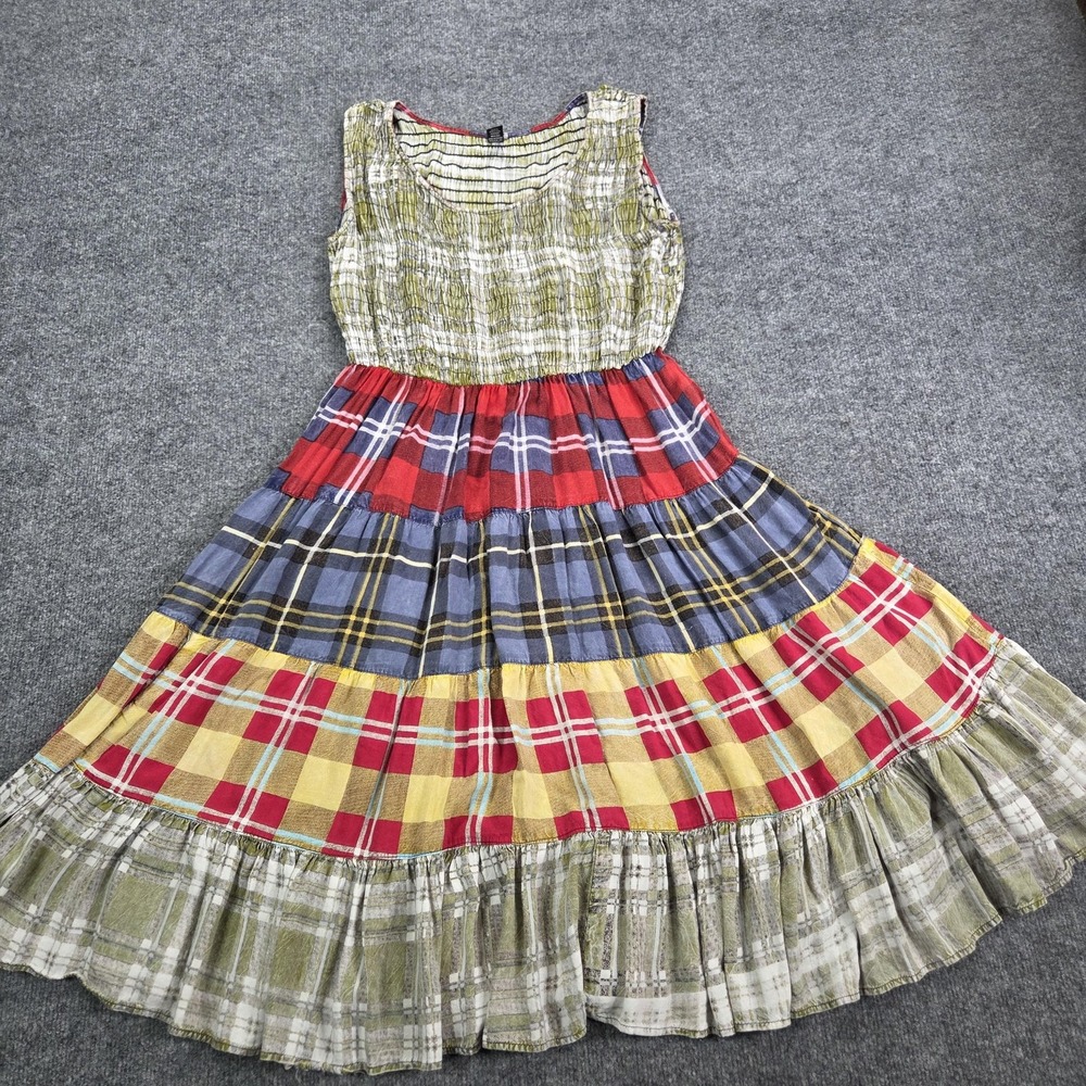 Sacred Threads Dress Womens S/M Multicolor Plaid Maxi Smocked Boho Tiered Ruffle